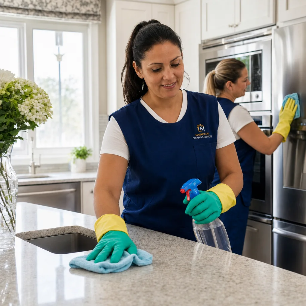 Professional cleaner wiping a clean breakroom or kitchen surface