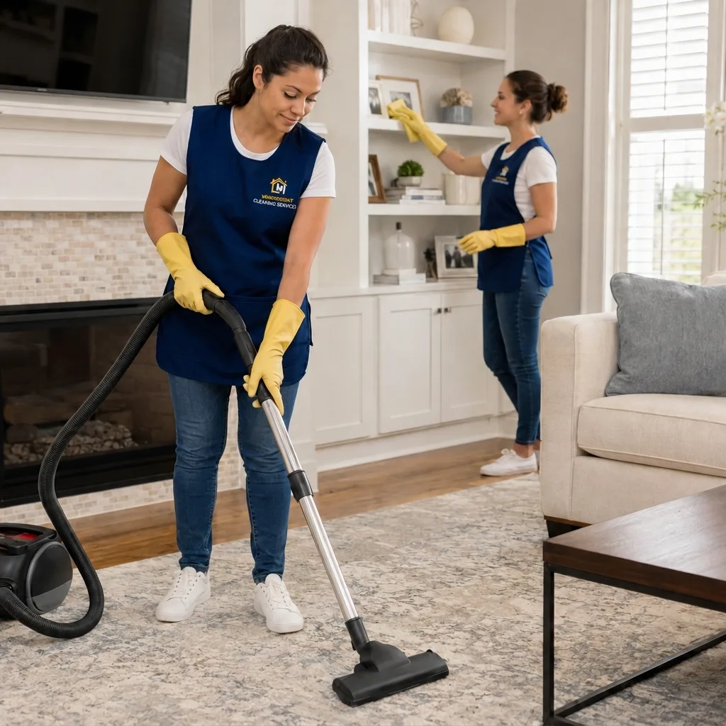 Professional house cleaner vacuuming a bright living room