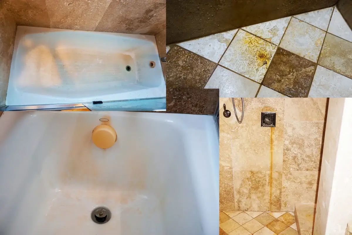 Before cleaning: stained bathtub and bathroom surfaces before Magnificent cleaned them