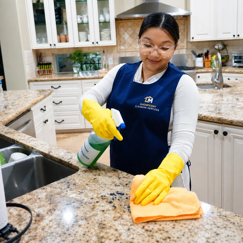 Cleaner wiping a kitchen counter during a house cleaning visit