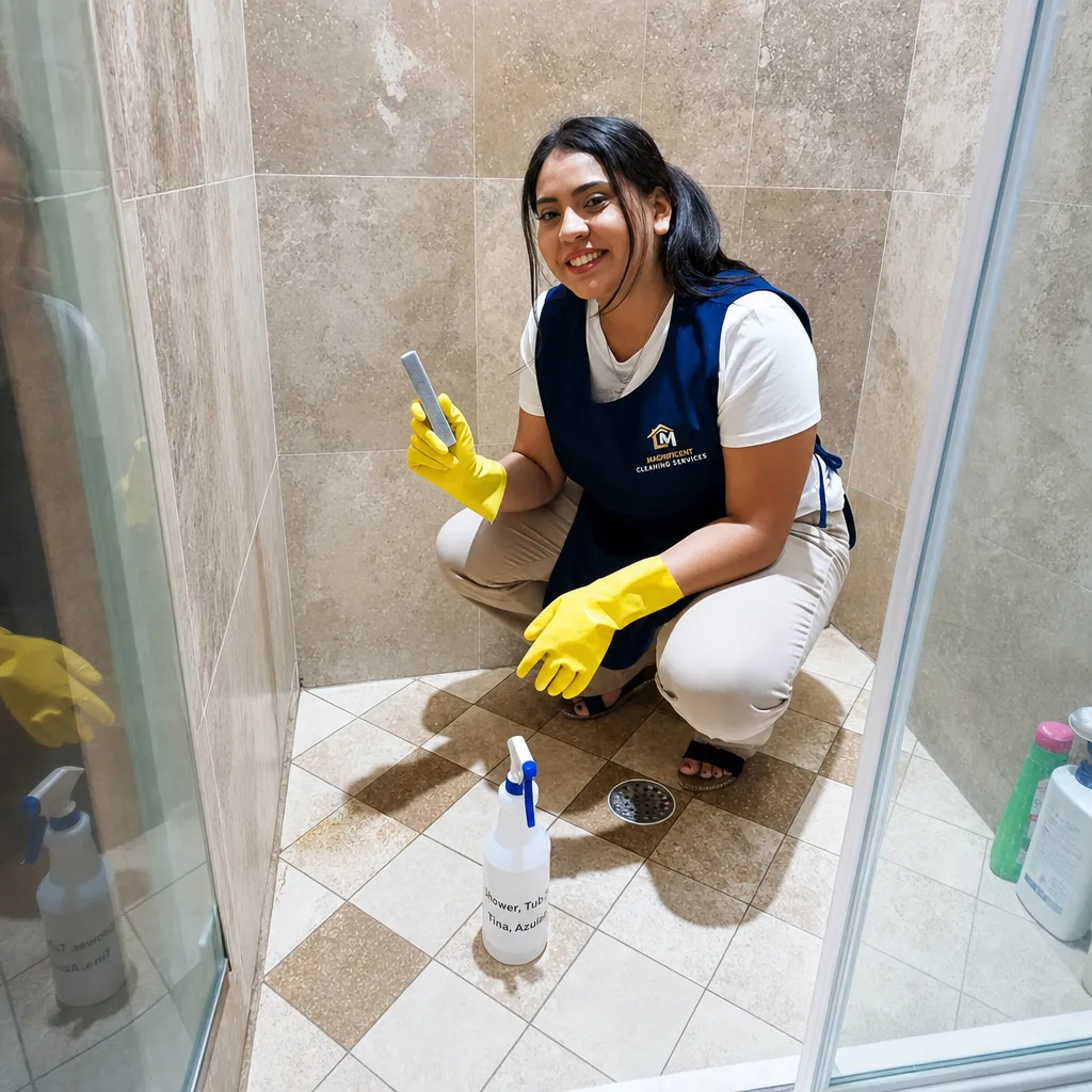 Cleaner scrubbing a shower during a deep cleaning service