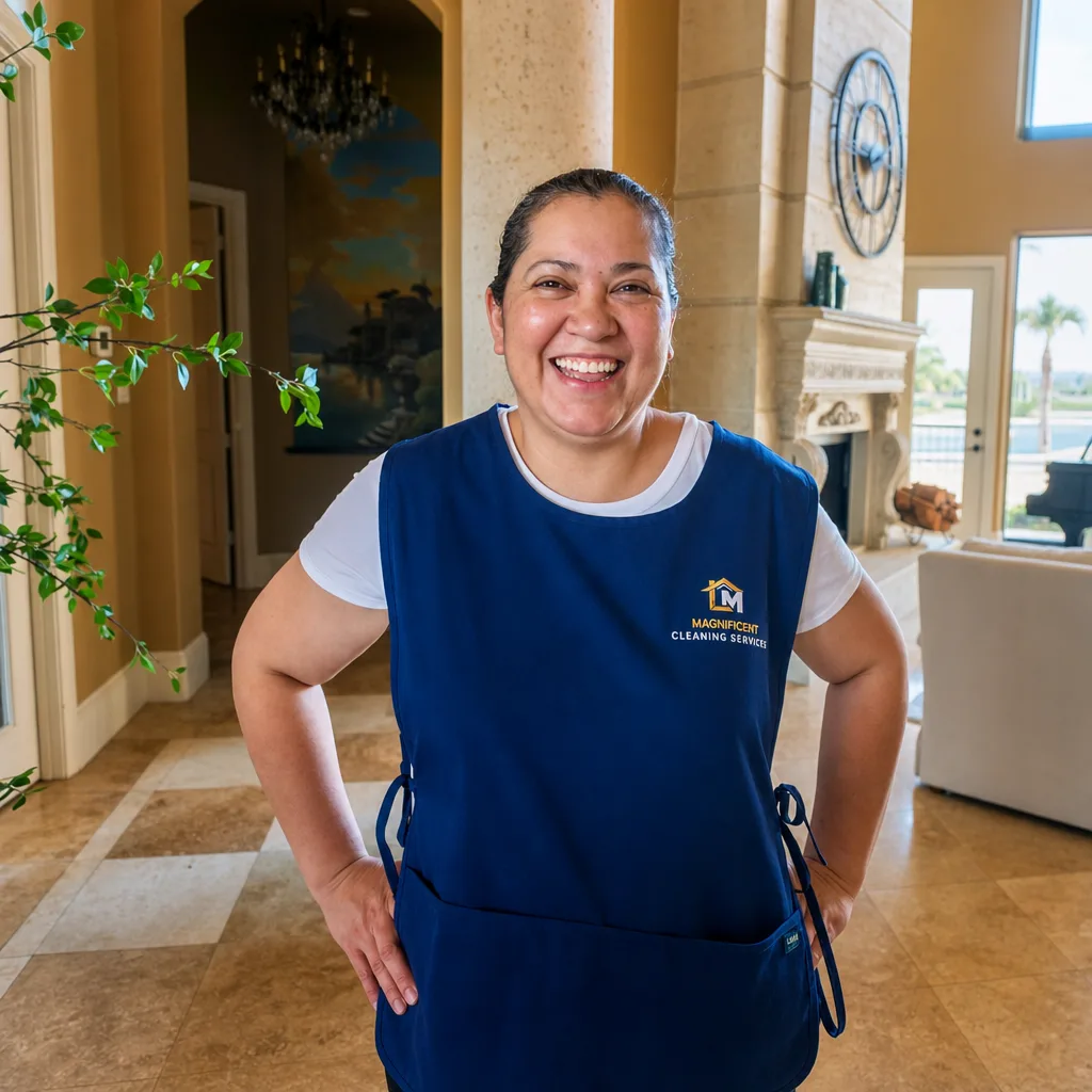 Smiling Magnificent cleaner in a bright Houston home