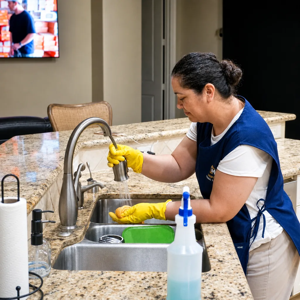 Magnificent Cleaning team member detailing a kitchen sink and faucet