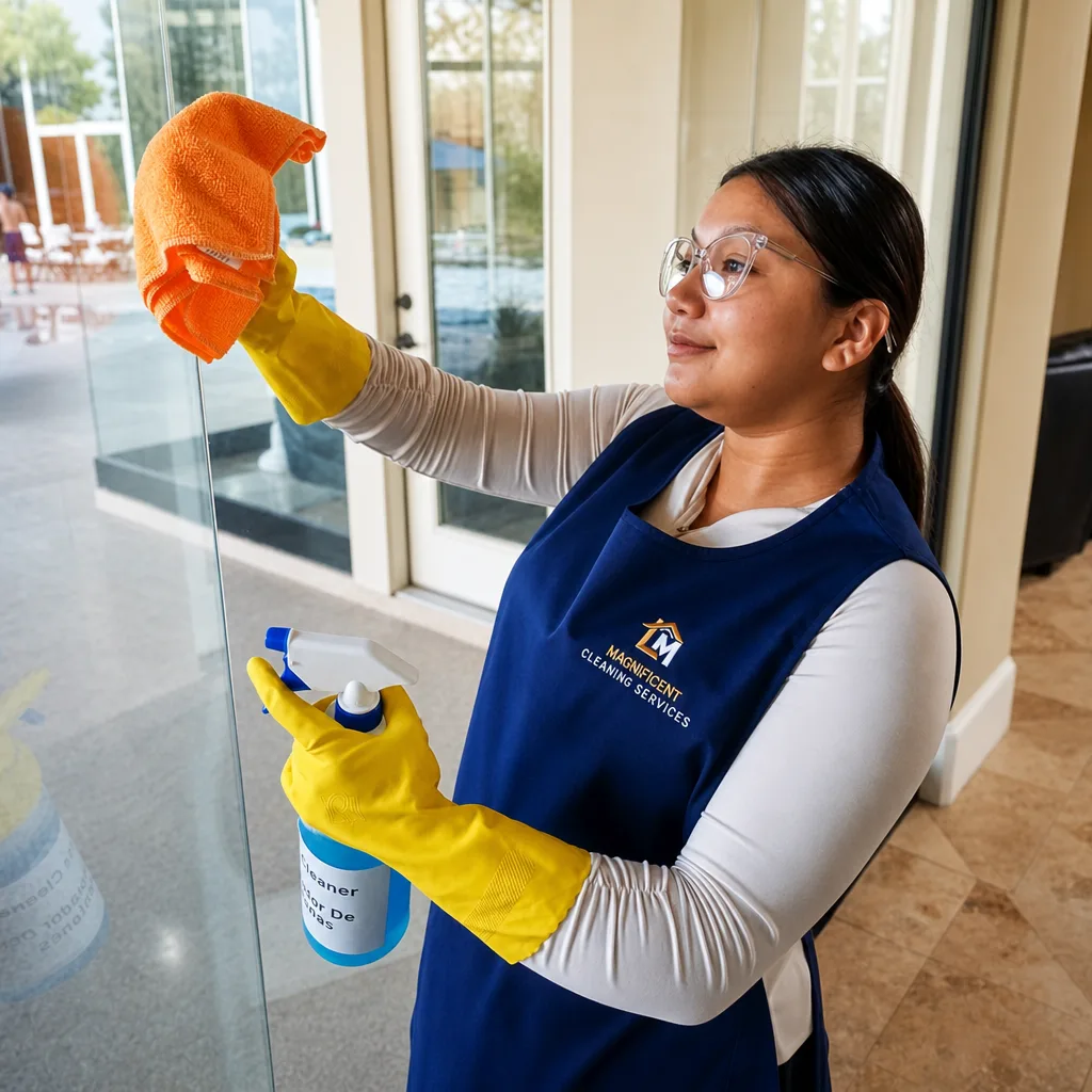 Magnificent Cleaning team member polishing glass during a detailed deep cleaning reset